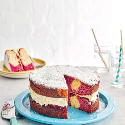 familt baking, pink marble sandwich cake