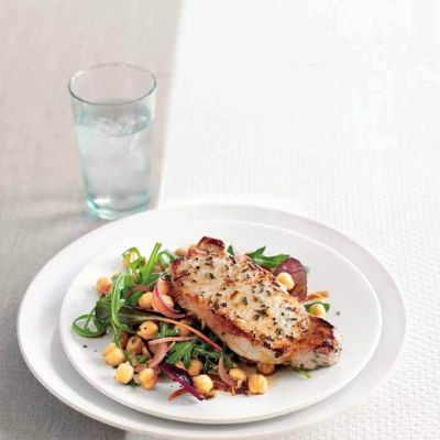 lemon and rosemary pork with chickpea salad