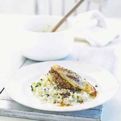 mushroom stuffed chicken with lemon thyme risotto