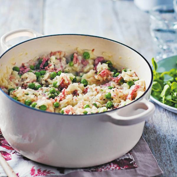 Rižota s šunko, sirom in grahom