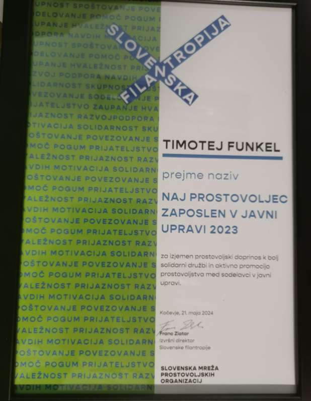 Timotej Funkel prejel nagrado za Naj prostovoljca