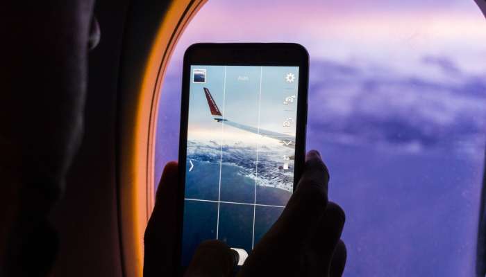 telefon, letalo, okno, fotografiranje, snemanje, na letalu