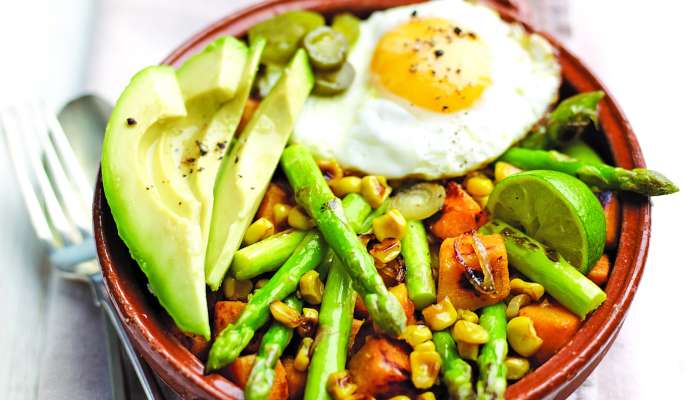 Asparagus and Sweet Potato Hash with Avocado and Egg