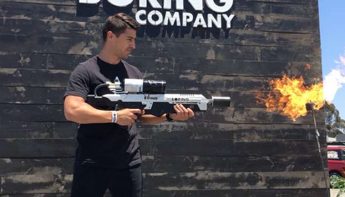 flamethrower elon musk boring company metalec ognja