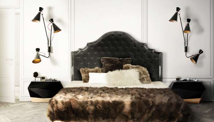 luč Bedroom _ Cozy Winter Bedroom With Black Wall Lamp