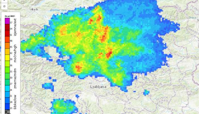 radarska slika padavin, 23.7.2024 1