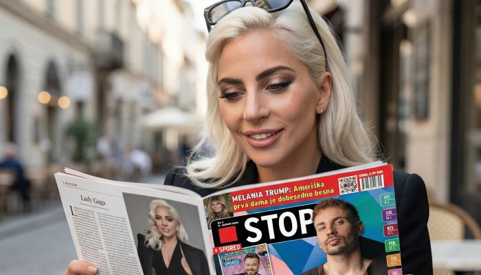 ... In tako smo tudi mi srečali Lady Gago, ki v centru Ljubljane prebira najnovejšo številko revije Stop