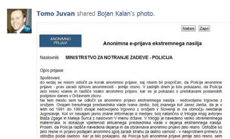 Türkov piarovec glede ovadbe Janše: Na FB sem zgolj delil objavo nekoga drugega