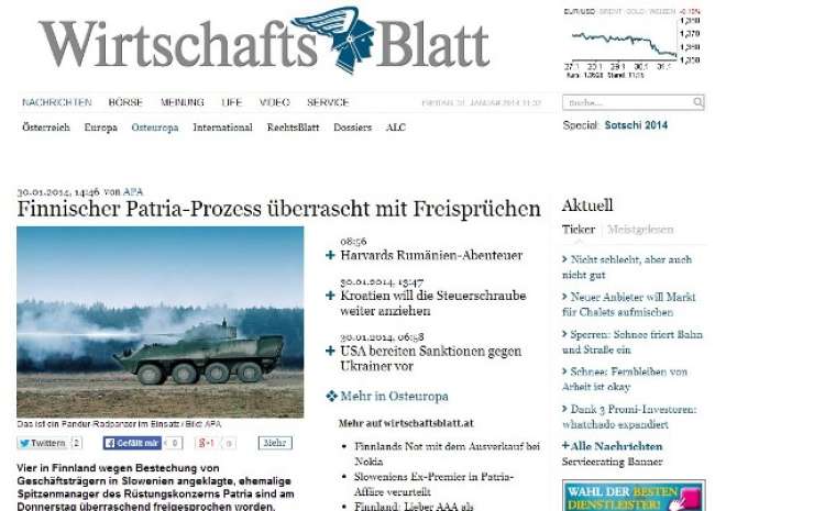 Avstrijski Wirtschaftsblatt: Presenetljive oprostitve v finskem procesu Patria 