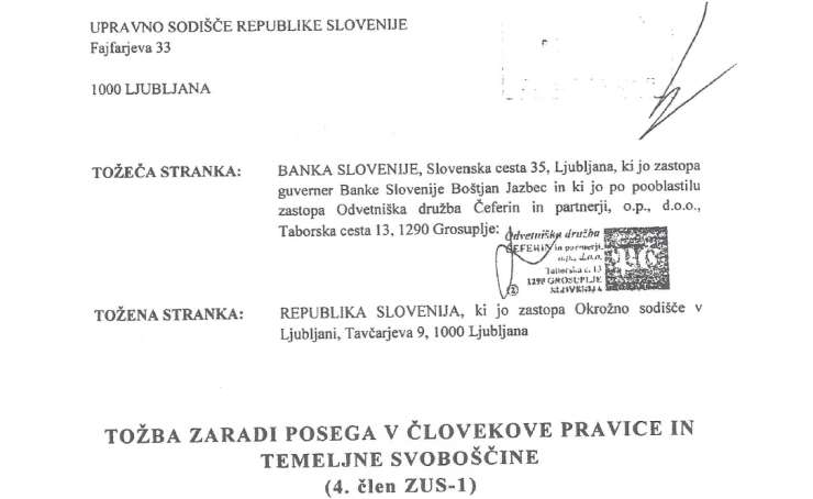 Ekskluzivno: faksimile tožbe Banke Slovenije proti državi