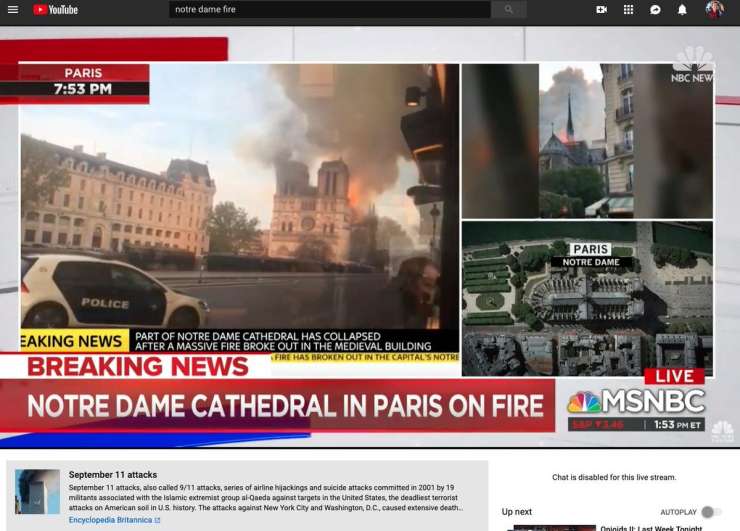 Blamaža za YouTube: orodje za lov na lažne novice je video prenose požara v Notre Dame označilo za dezinformacije