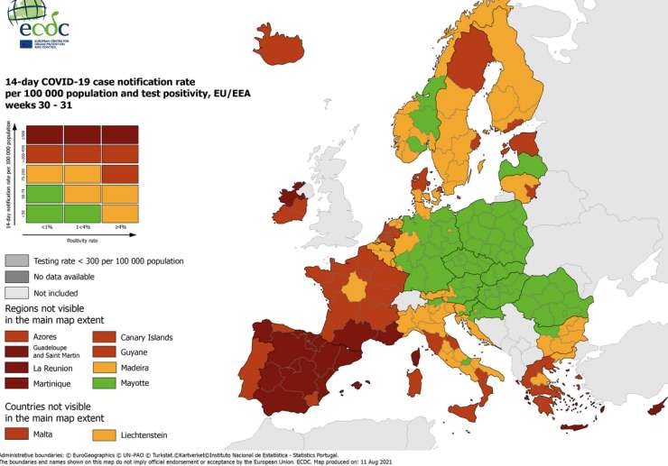 Slovenija deloma oranžna na zemljevidu ECDC