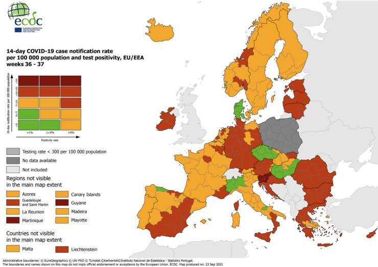 Slovenija edina v EU temno rdeča na zemljevidu ECDC