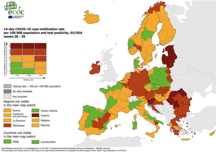 Epidemiološke razmere se na zahodu Evrope izboljšujejo, na vzhodu slabšajo, Slovenija  temno rdeča