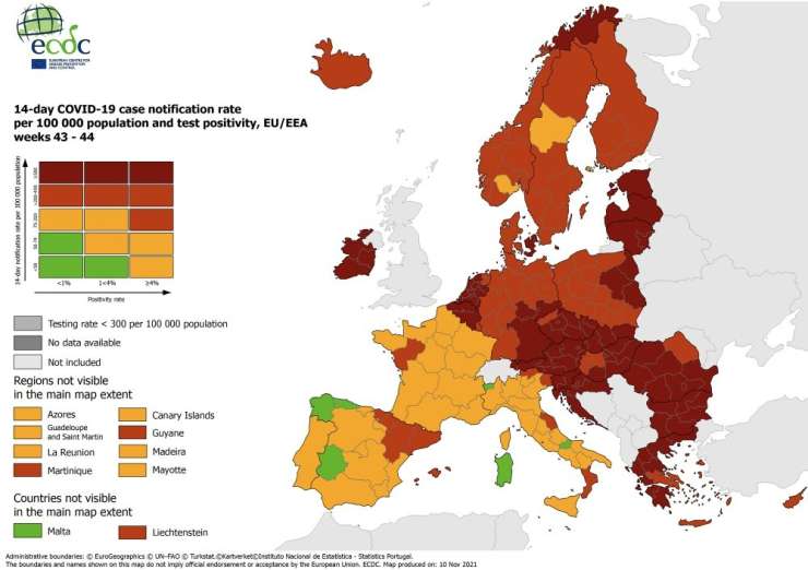 Na zemljevidu ECDC Slovenija še vedno temno rdeča