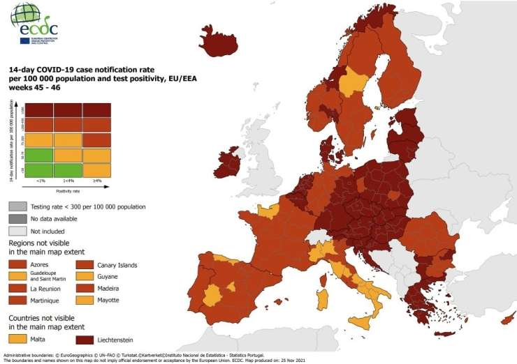 Na zemljevidu ECDC temno rdeča večina srednje in vzhodne Evrope