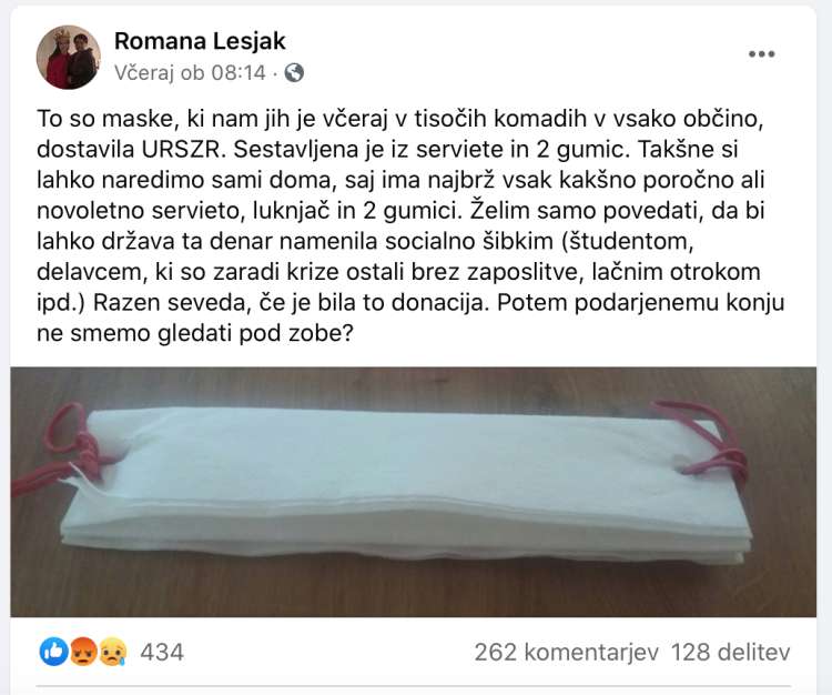 Komentar županje občine Črna na Koroškem na prejeto pošiljko mask.