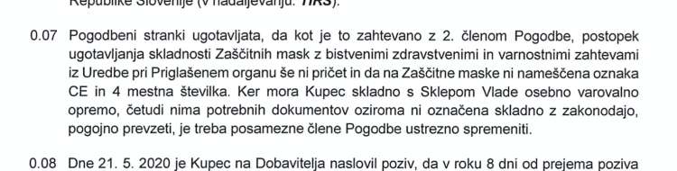 Izsek iz aneksa pogodbe med zavodom in podjetjem Joca Pečečnika, ki potrjuje, da je igralniški mogotec dobavil neustrezne maske.
