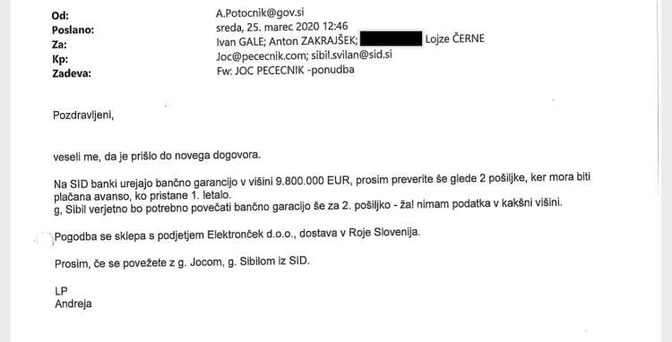 Andreja Potočnik, članica ekspertne skupine ministrstva za gospodarstvo, uslužbence zavoda za blagovne rezerve obvešča, da bo državna SID banka zagotovila Pečečniku ustrezne bančne garancije za dobavo zaščitne opreme.