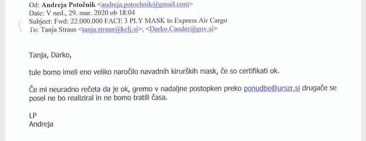 29. marca lani je Andreja Potočnik poslala prvo obvestilo o možnem naročilu 22 milijonov mask. Pet dni pozneje je podjetje Hmezad TMT že podpisalo pogodbo z zavodom za blagovne rezerve, Cantarutti pa mu je izdal pismo o nameri.