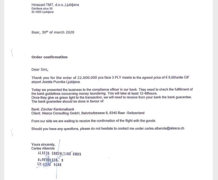 Ponudba, ki jo je Hmezad TMT prejel od švicarske družbe Alasca Consulting.