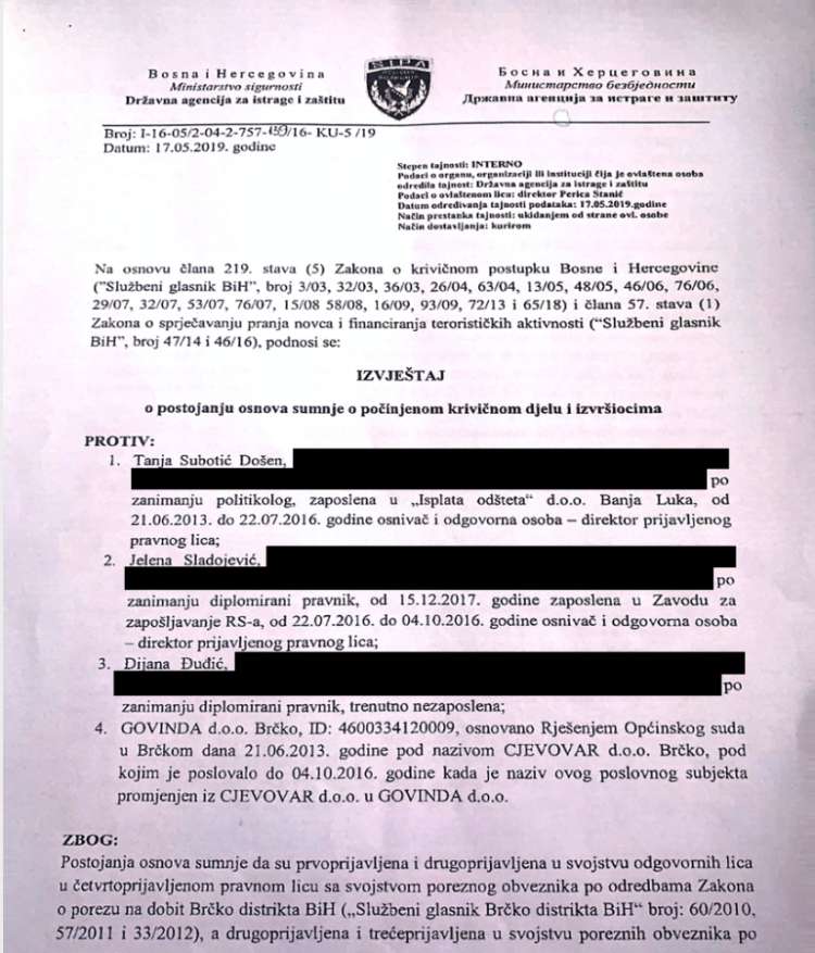 Poročilo bosanske Agencije za preiskovanje in zaščito (SIPA), ki je pod drobnogled vzela transakcije naveze Đuđić-Snežič.