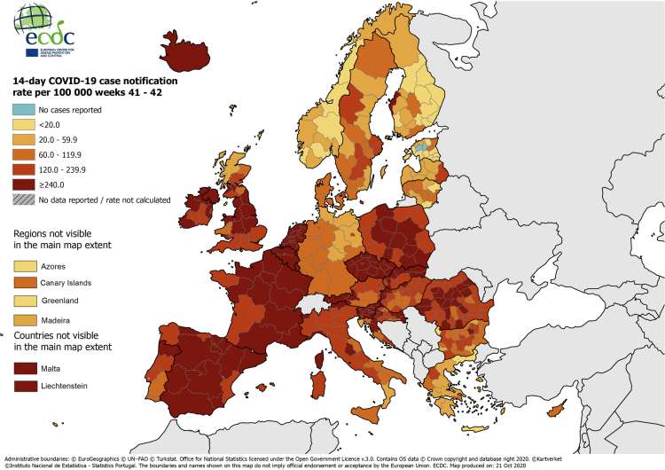 Zadnja epidemiološka slika Evrope. Temnejša barva prikazuje države in regije z največjim številom okužb.