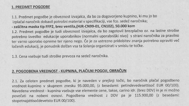 Iz pogodbe je razvidno, da se je Matej Tušak s Splošno bolnišnico Celje dogovoril, da ji bo za 95.000 evrov brez DDV dobavil 50.000 mask FFP2.