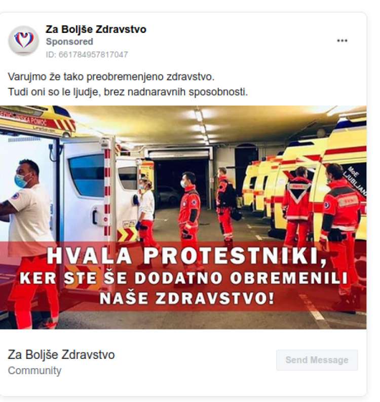 Tudi Facebook skupina Za Boljše Zdravstvo je nastala januarja 2018 in ima administratorje iz Severne Makedonije. V zadnjih dneh je sponzorirala najmanj eno objavo.