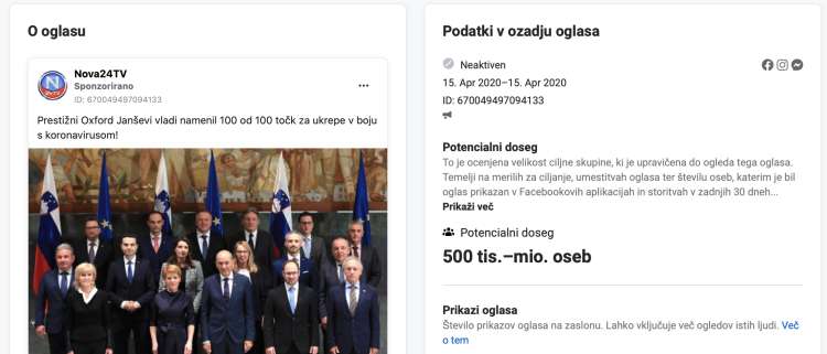 Nova24TV je želela aprila letos sponzorirati objavo o tem, kako naj bi se Janševa vlada najbolje odrezala v boju proti epidemiji covid-19, a je Facebook oglas umaknil.