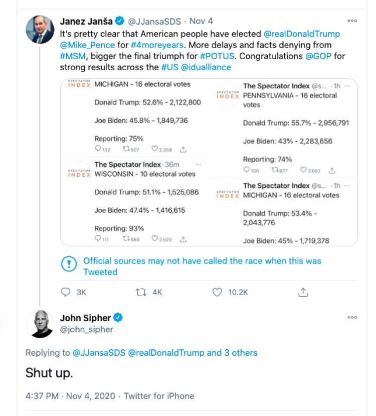 John Sipher je na Twitterju Janši zabrusil: Utihni!