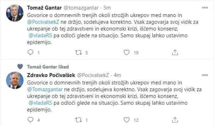 Tomaž Gantar in Zdravko Počivalšek sta včeraj dopoldne v razmaku ene minute objavila tvit z identičnim besedilom, v katerem sta zanikala "govorice" o nesoglasjih.