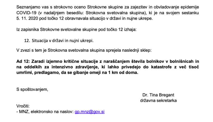 Dopis nekdanje državne sekretarke Tine Bregant ministrstvu za notranje zadeve. Bregantova zdaj vodi kabinet začasnega ministra za zdravje Janeza Janše.