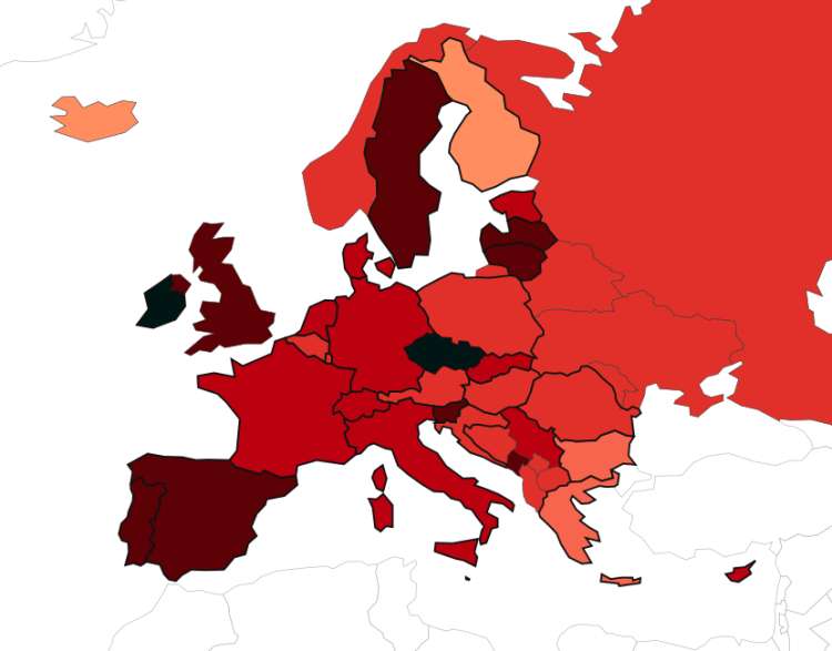 Slovenija vedno bolj postaja otok sredi držav z mnogo boljšo epidemiološko sliko. Na karti so države, v katerih so v zadnjih sedmih dneh zabeležili večje število okužb z novim koronavirusom, obarvane temnejše.