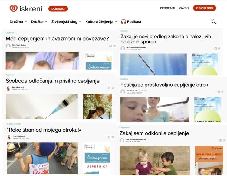 To je le nekaj naslovov člankov o cepljenju na spletni strani Iskreni.net.