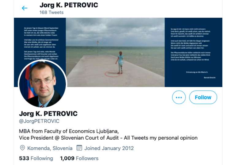 Jorg Kristijan Petrovič je tudi na družbenem omrežju Twitter navedel, da je doma v Komendi.