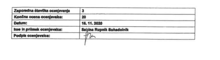 Zadnja stran ocenjevalnega lista Zavoda Iskreni, ki ga je izpolnila članica komisije Sabina Rupnik Suhadolnik.