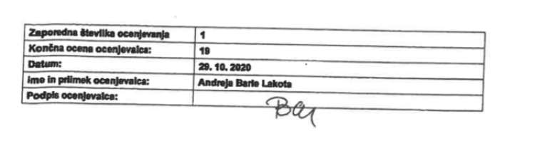Zadnja stran ocenjevalnega lista Zavoda Iskreni, ki ga je izpolnila članica komisije Andreja Barle Lakota.