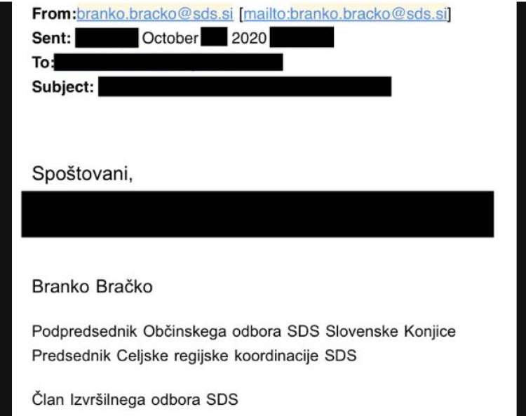 Elektronsko sporočilo, iz katerega je razvidno, da se je Branko Bračko še oktobra lani predstavljal kot član izvršilnega odbora SDS in predsednik celjske regijske koordinacije. To je bilo le dva meseca pred skupščino Petrola.