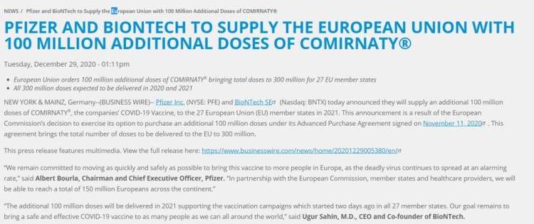 Pfizer in BioNTech sta 29. decembra sporočila, da bosta državam EU dobavila dodatnih 100 milijonov odmerkov iz prve pogodbe. Slovenija je bila ena od treh držav, ki se je odrekla svoji kvoti cepiv.