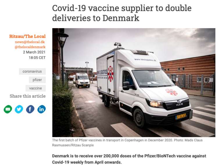 V začetku meseca se je Danska dogovorila za podvojitev tedenske dobave cepiva Pfizer-BioNTech.