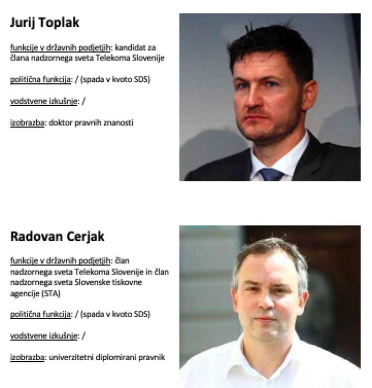 Jurij Toplak prihaja v nadzorni svet Telekoma Slovenija, Radovana Cerjaka pa je SDS poslala v nadzorni svet Slovenske tiskovne agencije (STA): .