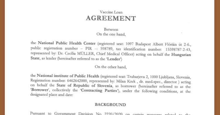 Prva stran pogodbe med Madžarsko in Slovenijo o izposoji cepiva.