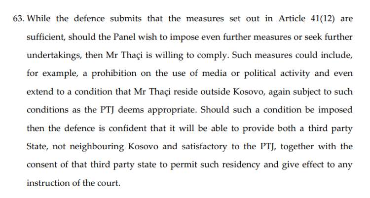 Sodni dokumenti razkrivajo, da je obramba Hashima Thacija sodišču že decembra predlagala, da bi med sojenjem bival na ozemlju tretje države, ki ni soseda Kosova.