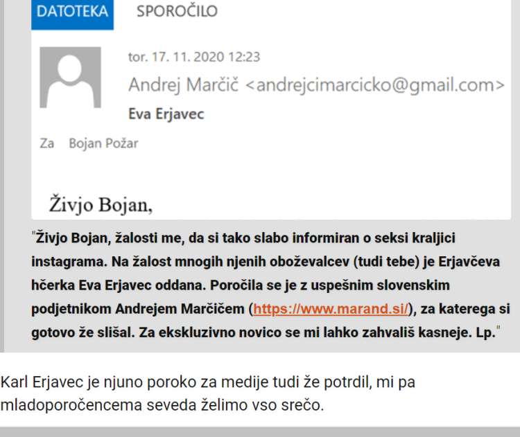 Andrej Marčič je o svojem zasebnem življenju tudi sam komuniciral s portali iz kroga SDS. Na fotografiji njegovo dopisovanje z Bojanom Požarjem.