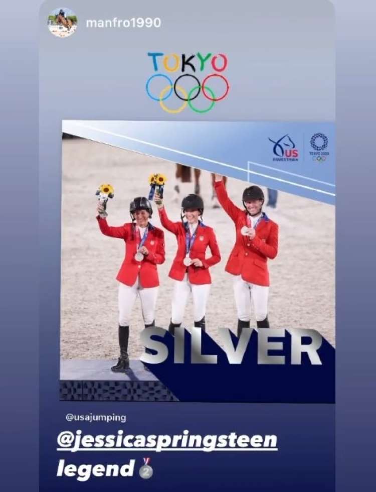 Jessica Springsteen, hčerka legendarnega glasbenika Brucea Springsteena in njen 12-letni žrebec Don Juan van de Donkhoeve sta se na olimpijskih igrah v Tokiu odlično odrezala, na tekmovanju v preskakovanju ovir sta namreč osvojila srebrno medaljo.
