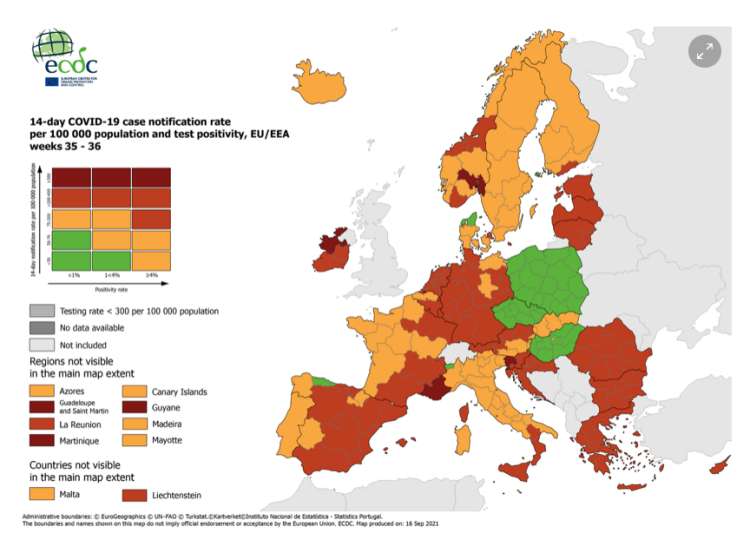 Grafika prikazuje trenutno epidemiološko sliko po Evropi. Države, obarvane v rdečo, imajo večje število okužb.