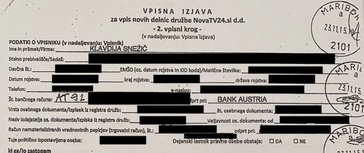 Iz izjave za vpis delnic družbe NovaTV24.si je razvidno, da je Klavdija Snežič denar nakazala s svojega računa v Avstriji.