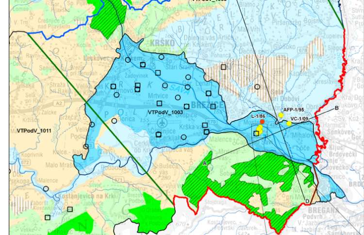 Temno modra barva prikazuje območja v Krško-Brežiški, kjer je visoka raven podzemne termalne vode. Terme Čatež se nahajajo v desnem predelu z največ vrtinami.