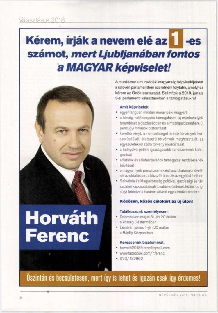 Letak iz kampanje Ferenca Horvatha za poslanca državnega zbora leta 2018.